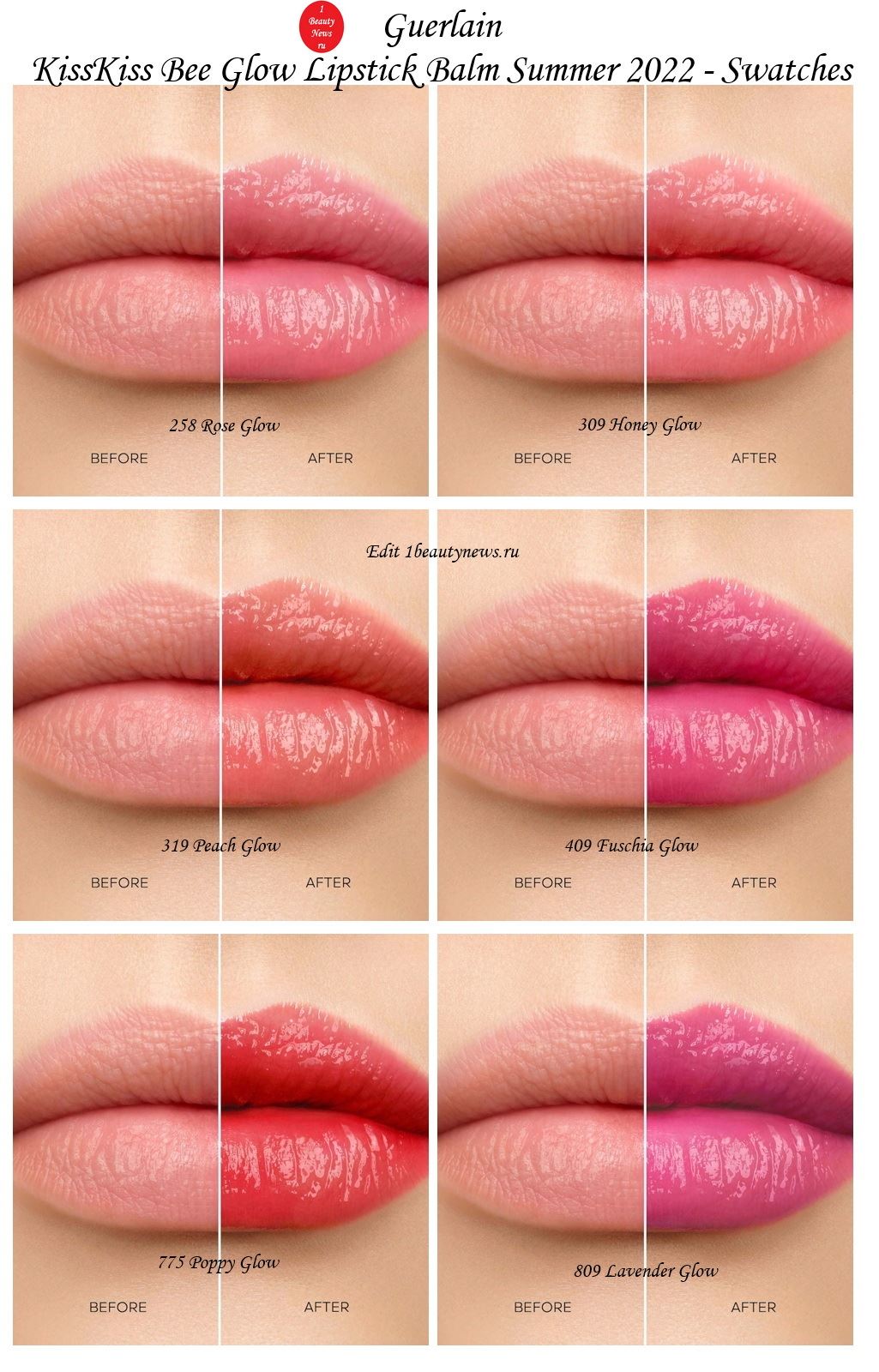 Guerlain KissKiss Bee Glow Lipstick Balm - Swatches